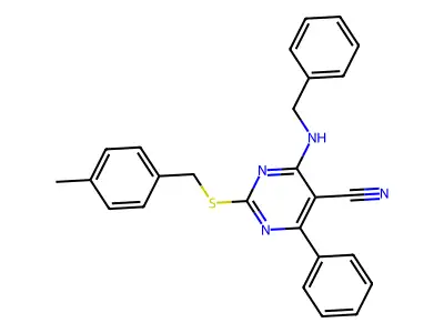 4-(Benzylamino)-2-[(4-methylbenzyl)sulfanyl]-6-phenyl-5-pyrimidinecarbonitrile structure