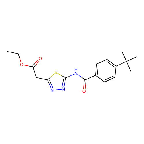 Ethyl (5-{[(4-tert-butylphenyl)carbonyl]amino}-1,3,4-thiadiazol-2-yl)acetate structure