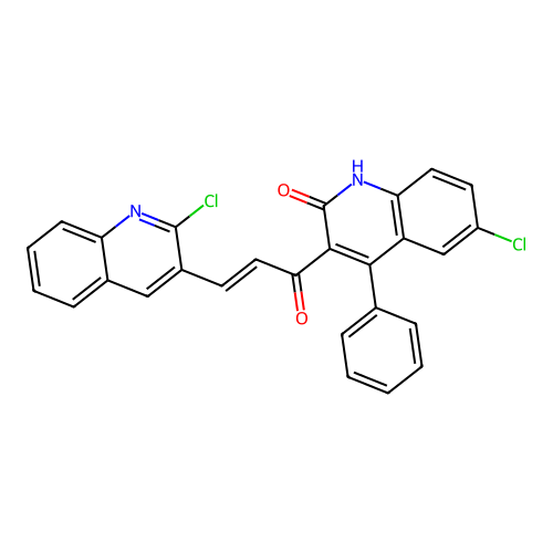 (E)-6-chloro-3-(3-(2-chloroquinolin-3-yl)acryloyl)-4-phenylquinolin-2(1H)-one structure