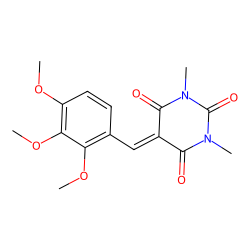 1,3-dimethyl-5-(2,3,4-trimethoxybenzylidene)pyrimidine-2,4,6(1H,3H,5H)-trione structure