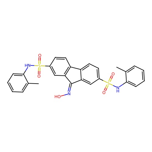 9-(hydroxyimino)-N,N'-bis(2-methylphenyl)-9H-fluorene-2,7-disulfonamide structure