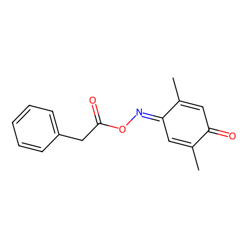 (E)-2,5-dimethyl-4-((2-phenylacetoxy)imino)cyclohexa-2,5-dienone structure