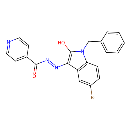 N'-[(3E)-1-benzyl-5-bromo-2-oxo-1,2-dihydro-3H-indol-3-ylidene]pyridine-4-carbohydrazide structure