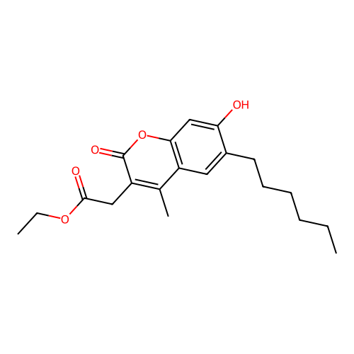 ethyl (6-hexyl-7-hydroxy-4-methyl-2-oxo-2H-chromen-3-yl)acetate structure