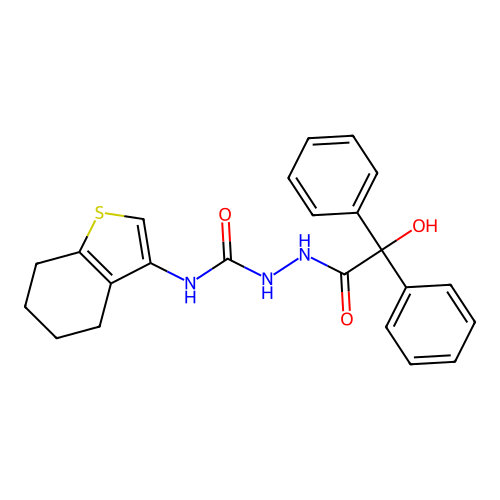 1-[(2-hydroxy-2,2-diphenylacetyl)amino]-3-(4,5,6,7-tetrahydro-1-benzothiophen-3-yl)urea structure