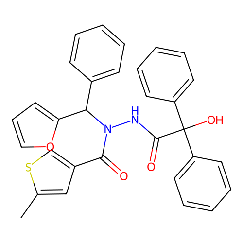N-(furan-2-yl(phenyl)methyl)-N'-(2-hydroxy-2,2-diphenylacetyl)-5-methylthiophene-3-carbohydrazide structure