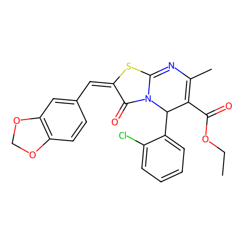 (E)-ethyl 2-(benzo[d][1,3]dioxol-5-ylmethylene)-5-(2-chlorophenyl)-7-methyl-3-oxo-3,5-dihydro-2H-thiazolo[3,2-a]pyrimidine-6-carboxylate structure