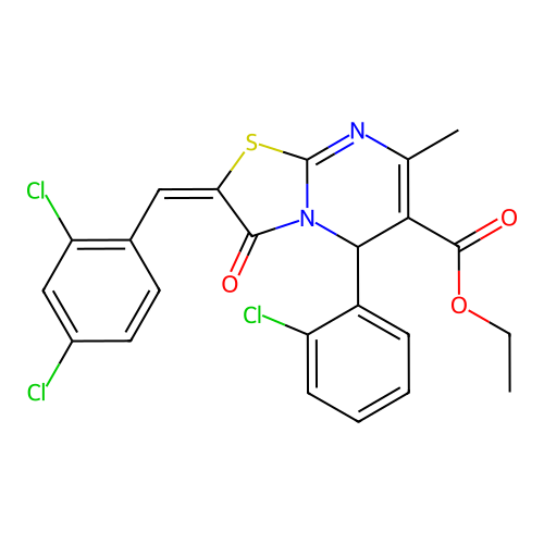 ethyl (2E)-5-(2-chlorophenyl)-2-(2,4-dichlorobenzylidene)-7-methyl-3-oxo-2,3-dihydro-5H-[1,3]thiazolo[3,2-a]pyrimidine-6-carboxylate structure