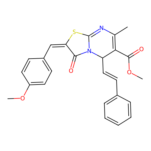 methyl (2E)-2-(4-methoxybenzylidene)-7-methyl-3-oxo-5-[(E)-2-phenylethenyl]-2,3-dihydro-5H-[1,3]thiazolo[3,2-a]pyrimidine-6-carboxylate structure