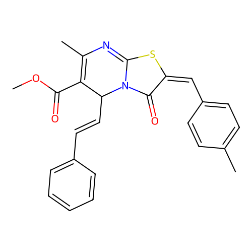 methyl (2E)-7-methyl-2-(4-methylbenzylidene)-3-oxo-5-[(E)-2-phenylethenyl]-2,3-dihydro-5H-[1,3]thiazolo[3,2-a]pyrimidine-6-carboxylate structure