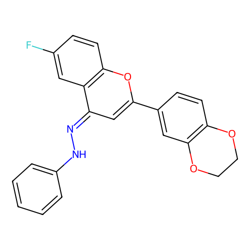 N-[(E)-[2-(2,3-dihydro-1,4-benzodioxin-6-yl)-6-fluorochromen-4-ylidene]amino]aniline structure