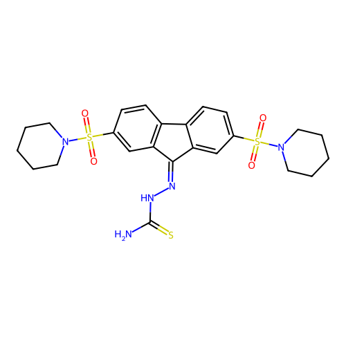 2-(2,7-bis(piperidin-1-ylsulfonyl)-9H-fluoren-9-ylidene)hydrazinecarbothioamide structure
