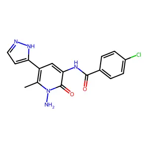 N-[1-amino-6-methyl-2-oxo-5-(1H-pyrazol-5-yl)-1,2-dihydro-3-pyridinyl]-4-chlorobenzenecarboxamide structure