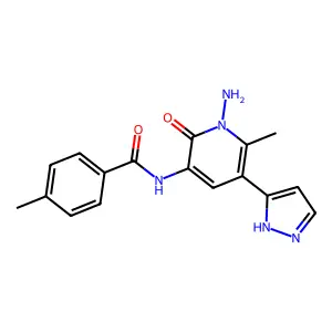 N-[1-amino-6-methyl-2-oxo-5-(1H-pyrazol-5-yl)-1,2-dihydro-3-pyridinyl]-4-methylbenzenecarboxamide structure