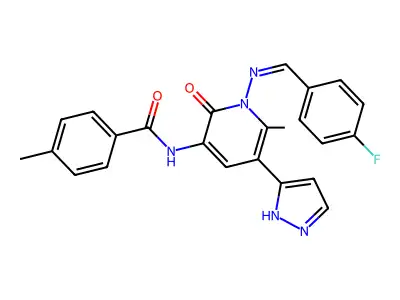 N-[1-[(4-fluorophenyl)methylideneamino]-6-methyl-2-oxo-5-(1H-pyrazol-5-yl)pyridin-3-yl]-4-methylbenzamide structure