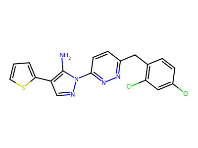 1-[6-(2,4-dichlorobenzyl)-3-pyridazinyl]-4-(2-thienyl)-1H-pyrazol-5-amine structure