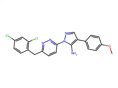 1-[6-(2,4-dichlorobenzyl)-3-pyridazinyl]-4-(4-methoxyphenyl)-1H-pyrazol-5-amine structure