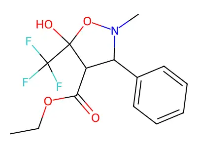 ethyl 5-hydroxy-2-methyl-3-phenyl-5-(trifluoromethyl)tetrahydro-4-isoxazolecarboxylate structure