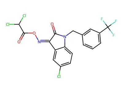 [[5-chloro-2-oxo-1-[[3-(trifluoromethyl)phenyl]methyl]indol-3-ylidene]amino] 2,2-dichloroacetate structure