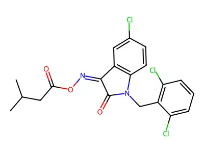 [[5-chloro-1-[(2,6-dichlorophenyl)methyl]-2-oxo-indol-3-ylidene]amino] 3-methylbutanoate structure