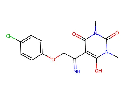5-[1-amino-2-(4-chlorophenoxy)ethylidene]-1,3-dimethyl-1,3-diazinane-2,4,6-trione structure