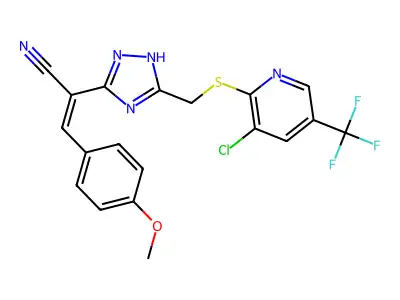 2-[5-[[3-chloro-5-(trifluoromethyl)pyridin-2-yl]sulfanylmethyl]-1H-1,2,4-triazol-3-yl]-3-(4-methoxyphenyl)prop-2-enenitrile structure
