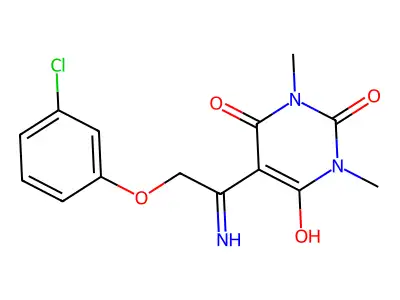 5-[1-amino-2-(3-chlorophenoxy)ethylidene]-1,3-dimethyl-2,4,6(1H,3H,5H)-pyrimidinetrione structure