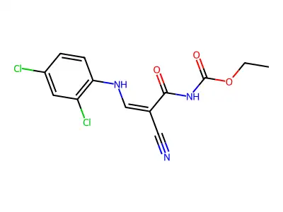 N-[2-cyano-3-(2,4-dichloroanilino)-1-oxoprop-2-enyl]carbamic acid ethyl ester structure