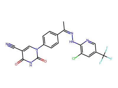 1-(4-{2-[3-chloro-5-(trifluoromethyl)-2-pyridinyl]ethanehydrazonoyl}phenyl)-2,4-dioxo-1,2,3,4-tetrahydro-5-pyrimidinecarbonitrile structure