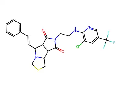 10-[2-[[3-Chloro-5-(trifluoromethyl)pyridin-2-yl]amino]ethyl]-7-(2-phenylethenyl)-4-thia-6,10-diazatricyclo[6.3.0.02,6]undecane-9,11-dione structure