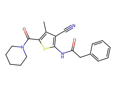 N-[3-cyano-4-methyl-5-(piperidine-1-carbonyl)thiophen-2-yl]-2-phenylacetamide structure
