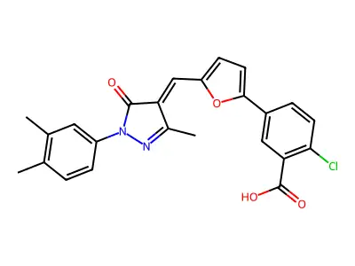 (E)-2-chloro-5-(5-((1-(3,4-dimethylphenyl)-3-methyl-5-oxo-1H-pyrazol-4(5H)-ylidene)methyl)furan-2-yl)benzoic acid structure