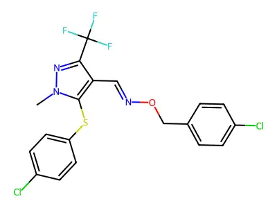 5-[(4-chlorophenyl)sulfanyl]-1-methyl-3-(trifluoromethyl)-1H-pyrazole-4-carbaldehyde O-(4-chlorobenzyl)oxime structure