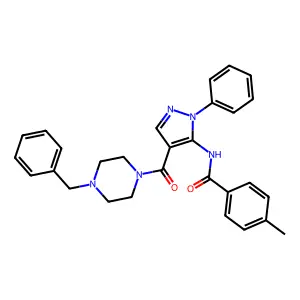 N-[4-(4-benzylpiperazine-1-carbonyl)-2-phenylpyrazol-3-yl]-4-methylbenzamide structure