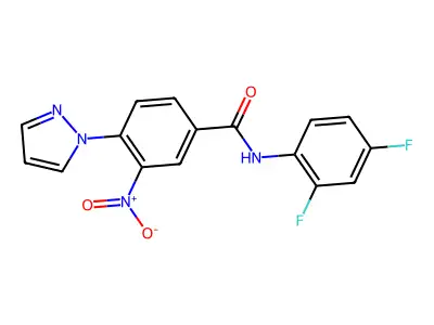 N-(2,4-difluorophenyl)-3-nitro-4-(1H-pyrazol-1-yl)benzenecarboxamide structure