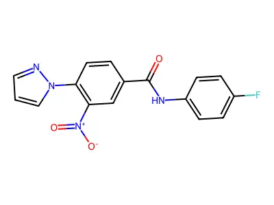 N-(4-fluorophenyl)-3-nitro-4-(1H-pyrazol-1-yl)benzenecarboxamide structure