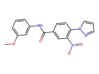 N-(3-methoxyphenyl)-3-nitro-4-(1H-pyrazol-1-yl)benzenecarboxamide structure