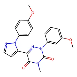 2-(3-methoxyphenyl)-6-[2-(4-methoxyphenyl)pyrazol-3-yl]-4-methyl-1,2,4-triazine-3,5-dione structure