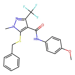 5-(benzylsulfanyl)-N-(4-methoxyphenyl)-1-methyl-3-(trifluoromethyl)-1H-pyrazole-4-carboxamide structure