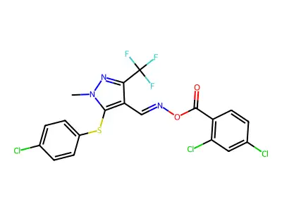 [[5-(4-chlorophenyl)sulfanyl-1-methyl-3-(trifluoromethyl)pyrazol-4-yl]methylideneamino] 2,4-dichlorobenzoate structure