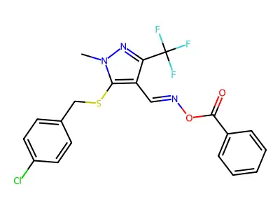 [[5-[(4-chlorophenyl)methylsulfanyl]-1-methyl-3-(trifluoromethyl)pyrazol-4-yl]methylideneamino] benzoate structure