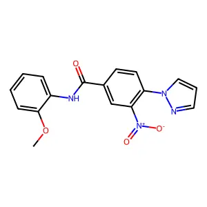 N-(2-methoxyphenyl)-3-nitro-4-(1H-pyrazol-1-yl)benzenecarboxamide structure