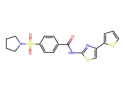 4-(pyrrolidin-1-ylsulfonyl)-N-(4-(thiophen-2-yl)thiazol-2-yl)benzamide structure