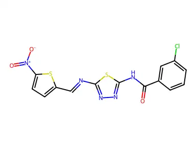 3-chloro-N-[5-[(5-nitrothiophen-2-yl)methylideneamino]-1,3,4-thiadiazol-2-yl]benzamide structure