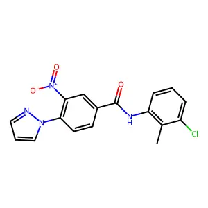 N-(3-chloro-2-methylphenyl)-3-nitro-4-(1H-pyrazol-1-yl)benzenecarboxamide structure