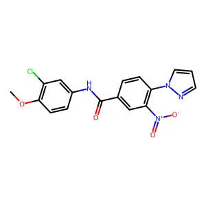 N-(3-chloro-4-methoxyphenyl)-3-nitro-4-(1H-pyrazol-1-yl)benzenecarboxamide structure