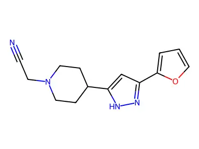 2-{4-[5-(2-furyl)-1H-pyrazol-3-yl]piperidino}acetonitrile structure