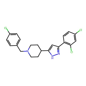 1-[(4-chlorophenyl)methyl]-4-[3-(2,4-dichlorophenyl)-1H-pyrazol-5-yl]piperidine structure