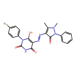 (5E)-1-(4-bromophenyl)-5-[2-(1,5-dimethyl-3-oxo-2-phenyl-2,3-dihydro-1H-pyrazol-4-yl)hydrazinylidene]pyrimidine-2,4,6(1H,3H,5H)-trione structure