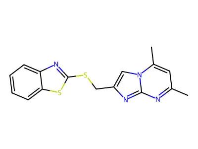 2-(Benzothiazol-2-ylsulfanylmethyl)-5,7-dimethyl-imidazo[1,2-a]pyrimidine structure
